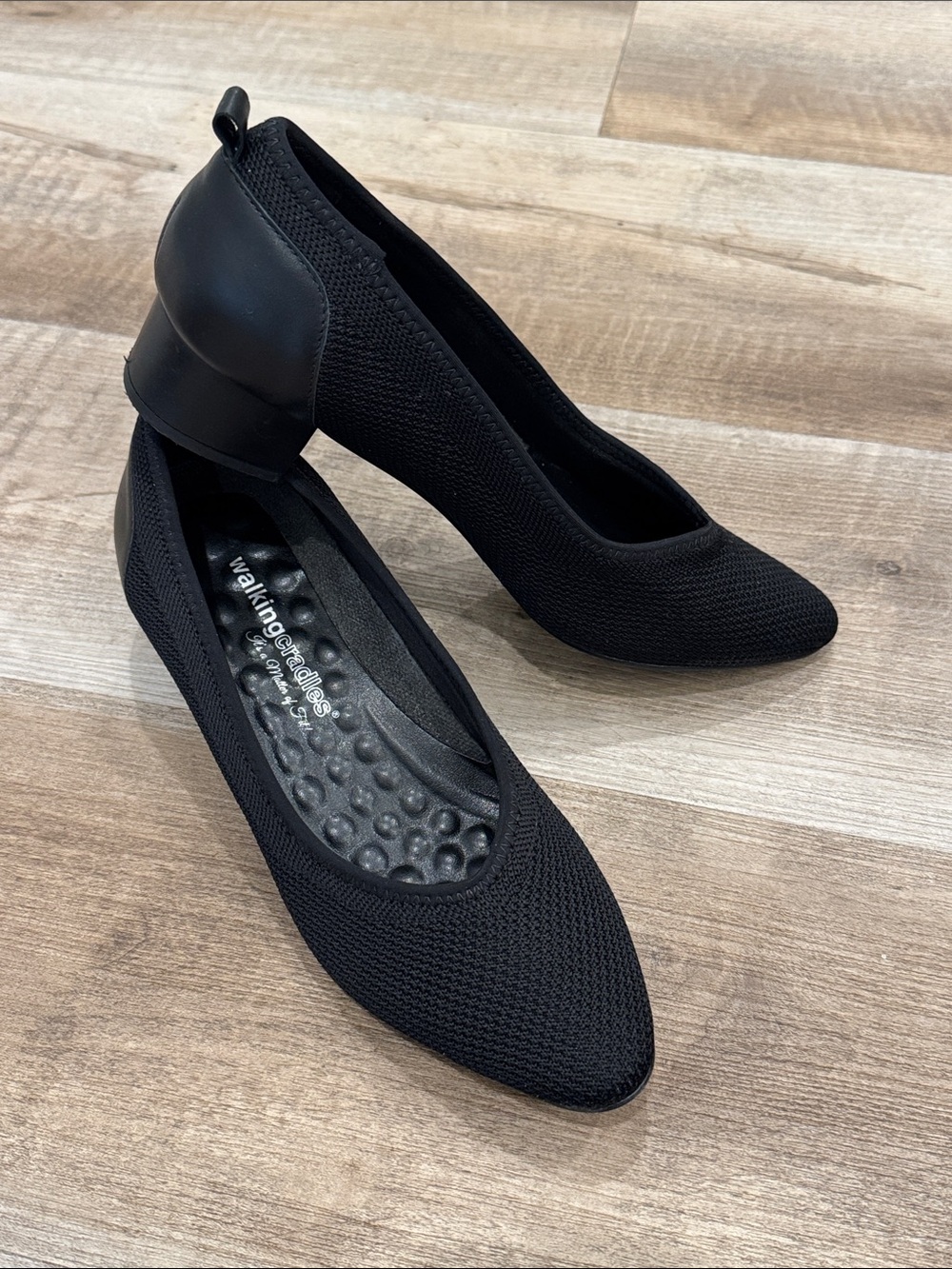 Walking Cradles Hester Slip-On 1.5” Block Heel Pumps in Black Knit Fabric